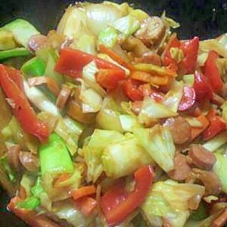 中華鍋で作る、ケチャップ味の野菜炒め